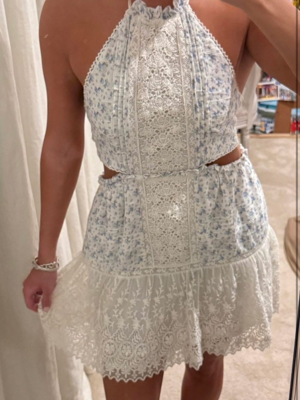 LoveShackFancy White & Light Blue Lace Halter Mini Dress